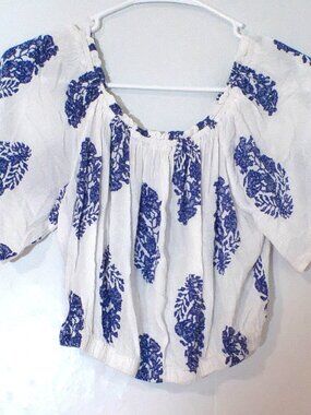 Devi Boho Cropped Peasant Blouse Medium Blue White Off Shoulder Rayon Top